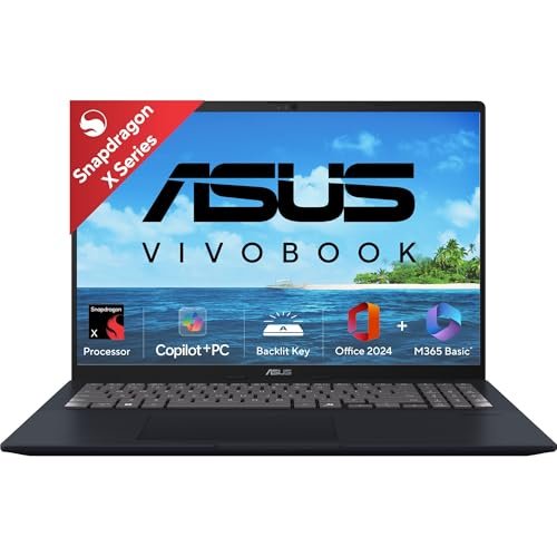 ASUS Vivobook 16, Snapdragon X, 16GB RAM, 512GB SSD, FHD+ 16", Windows 11, Office Home 2024, Quiet Blue, 1.88kg, X1607QA-MB049WS, Qualcomm Adreno iGPU, 45TOPS, M365 Basic (1Year)* Laptop