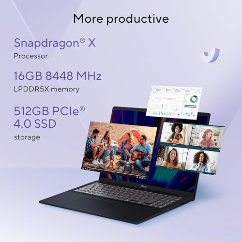 ASUS Vivobook 16, Snapdragon X, 16GB RAM, 512GB SSD, FHD+ 16", Windows 11, Office Home 2024, Quiet Blue, 1.88kg, X1607QA-MB049WS, Qualcomm Adreno iGPU, 45TOPS, M365 Basic (1Year)* Laptop image 4