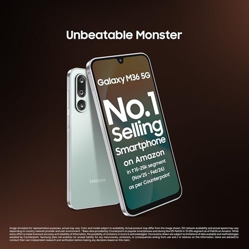 Samsung Galaxy M36 5G Mobile (Serene Green, 6GB RAM, 128GB Storage) | Google Gemini| Gorilla Glass Victus+ | 7.7mm | AI Enhanced 50MP OIS Triple Camera| Nightography| Lag-free Gaming | Without Charger
